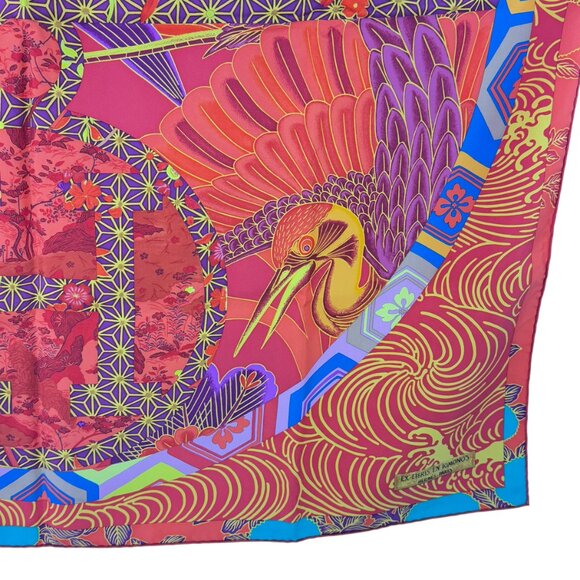 HERMES Orange & Multicolor 100% Silk Ex-Libris En Kimonos Pattern Scarf France - Picture 7 of 11
